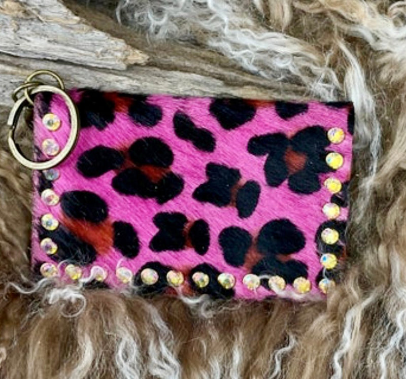 Pink cheetah cowhide card holder with key chain