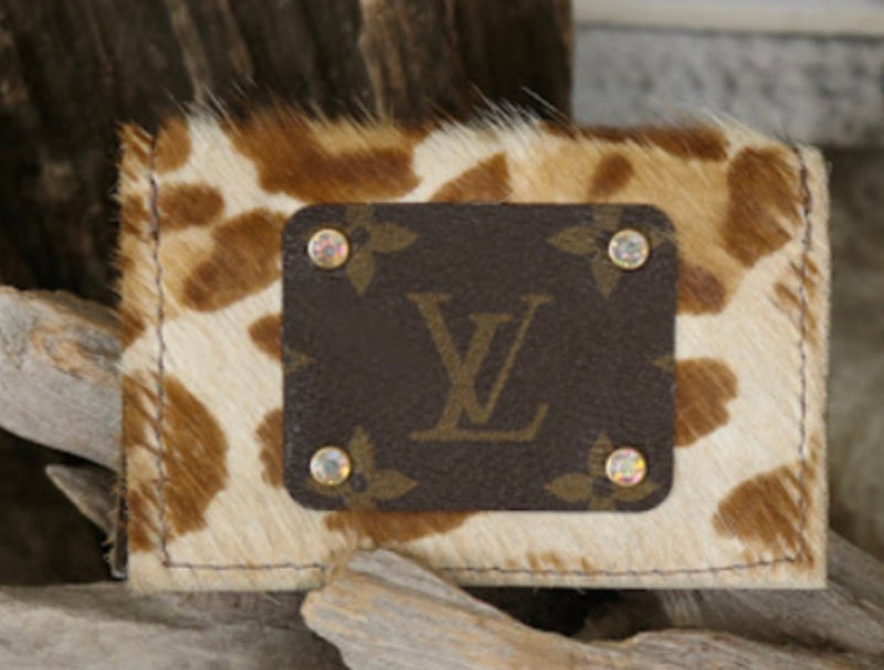 Leopard cowhide business card holder with LV logo