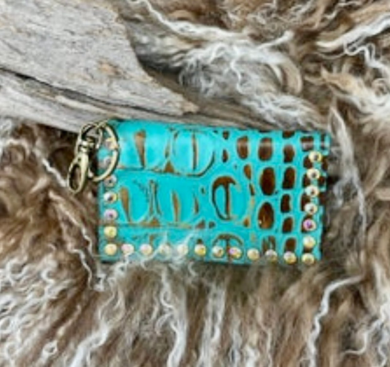 Turquoise crocodile leather business card holder with key chain