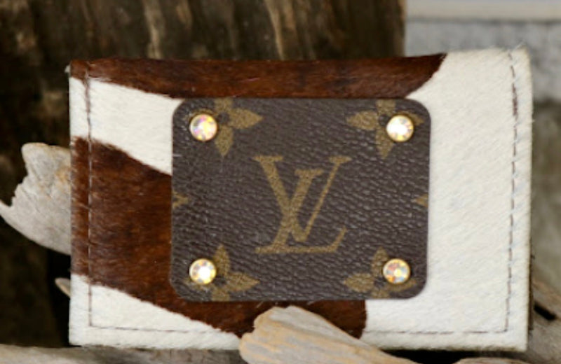 Brown zebra cowhide business card holder with LV logo