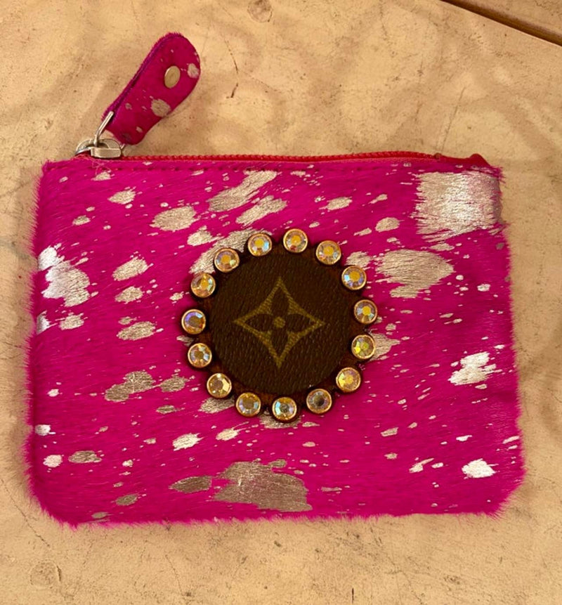 Fushia cowhide coin purse with LV logo