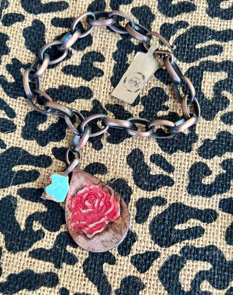 Metal chain with embossed leather rose and turquoise bracelet #2