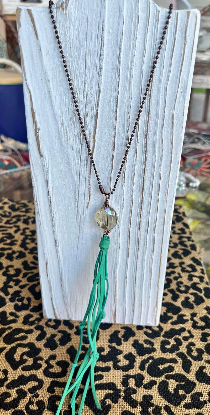 Turquoise leather tassel necklace