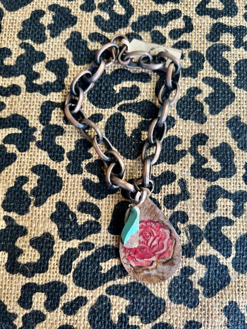 Metal chain with embossed leather rose and turquoise bracelet #1