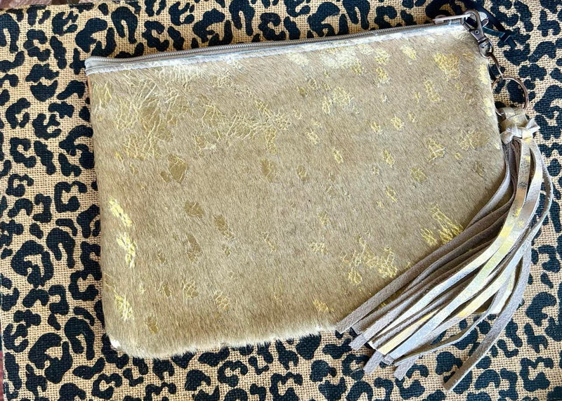 Gold acid wash cowhide makeup bag