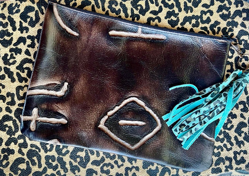 Branded turquoise leather make up bag